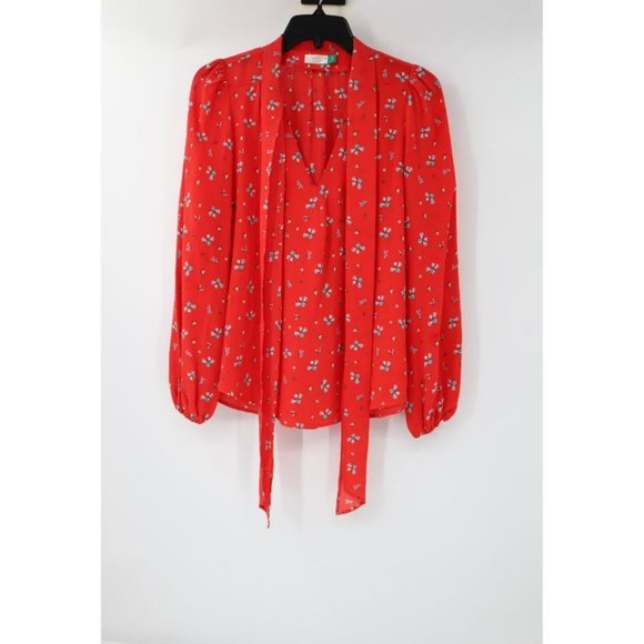 Rixo London Blouse Womens Small Silk Moss Red Floral Print Tie V Neck Top - Picture 2 of 13